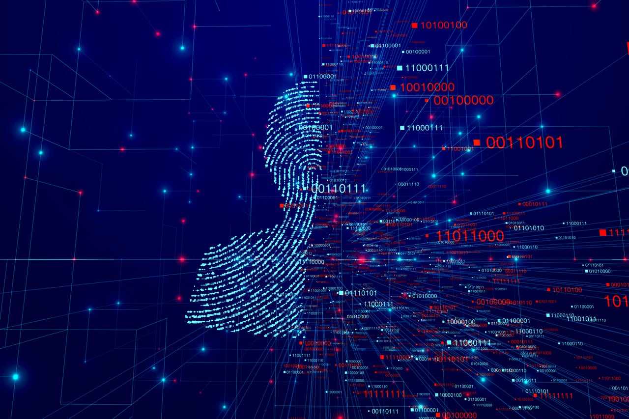 Silhouette of a person made of code and a fingerprint